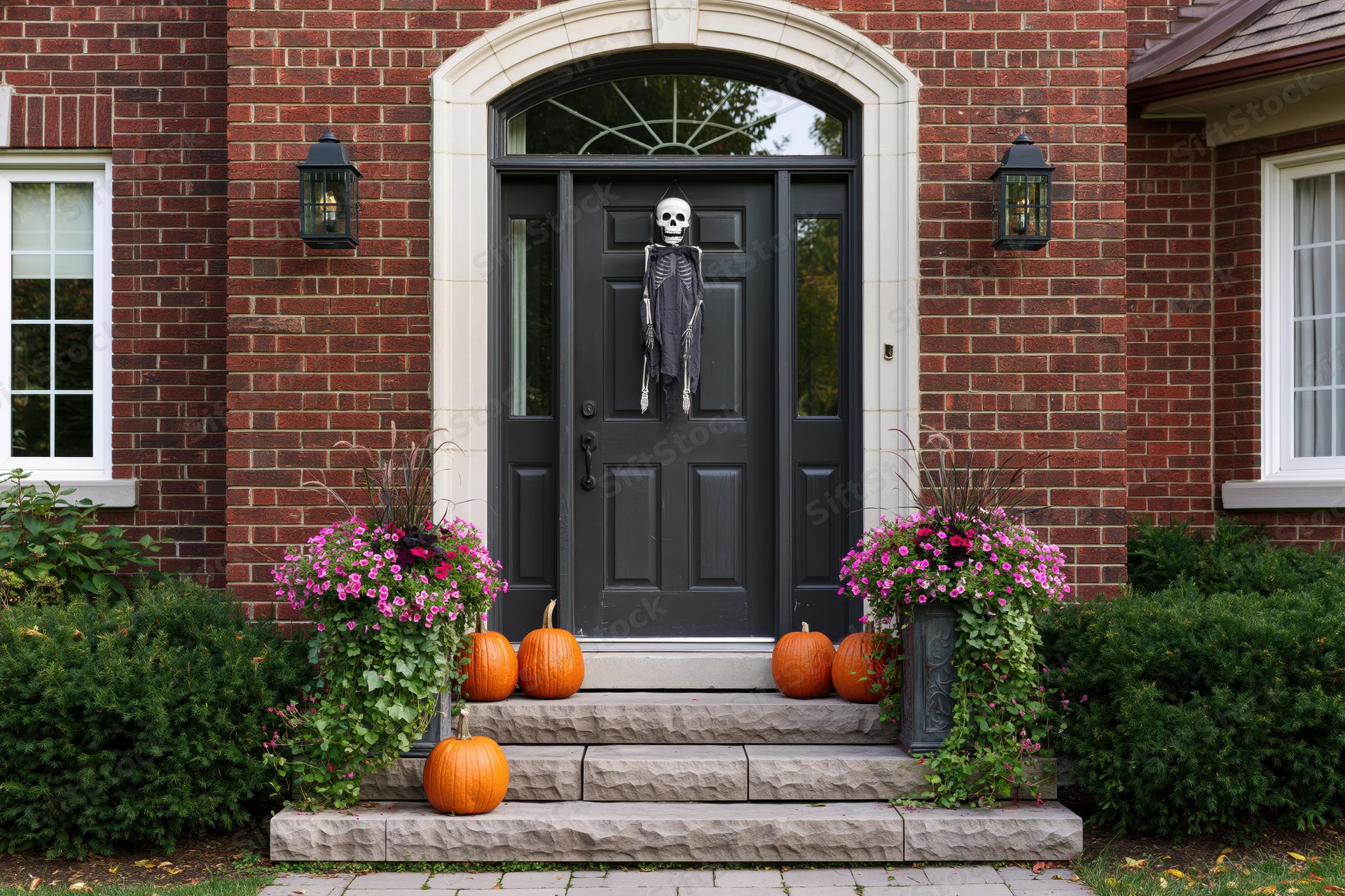 Halloween-decorated front door of a brick house with pumpkins and flowers on the porch steps