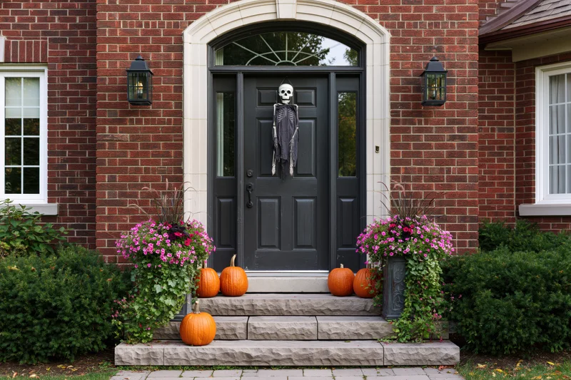 Halloween-decorated front door of a brick house with pumpkins and flowers on the porch steps