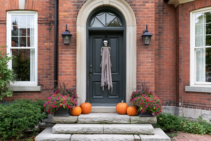 Halloween-decorated front entrance of a brick house with skeleton on door and pumpkins on stone steps