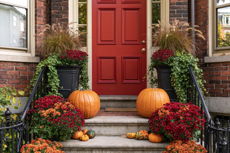 Autumn-decorated front stoop of a brick townhouse with pumpkins and mums on stone steps