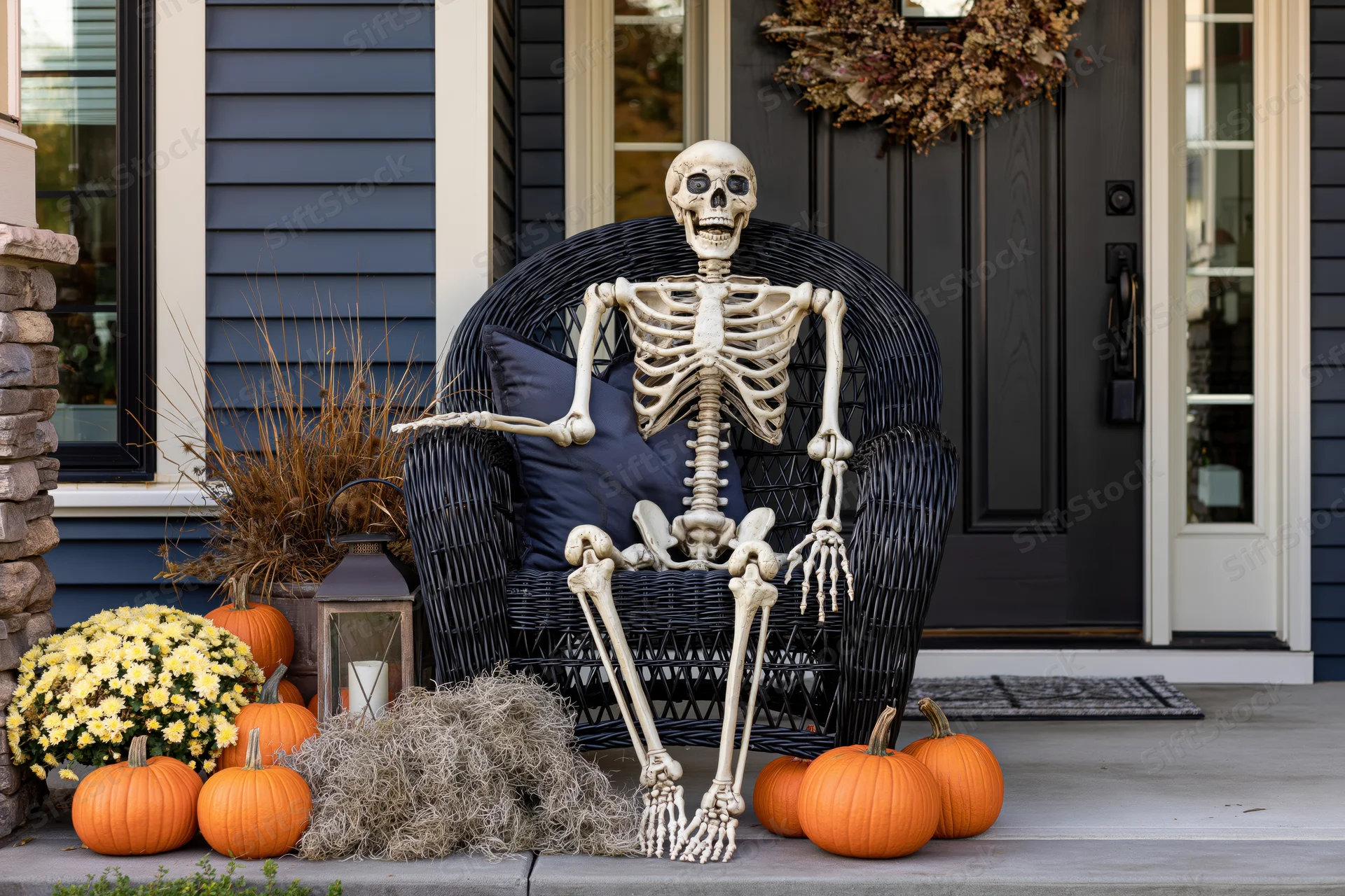 Plastic skeleton prop seated in black wicker chair on front porch surrounded by pumpkins and autumn decor