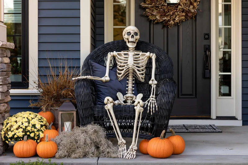 Plastic skeleton prop seated in black wicker chair on front porch surrounded by pumpkins and autumn decor