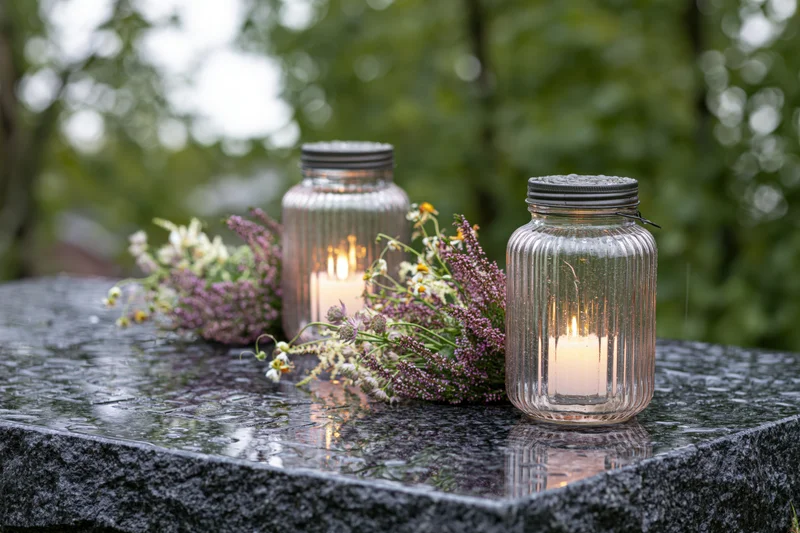 Glass lanterns with lit candles and wildflowers on a wet stone grave in a garden at dusk