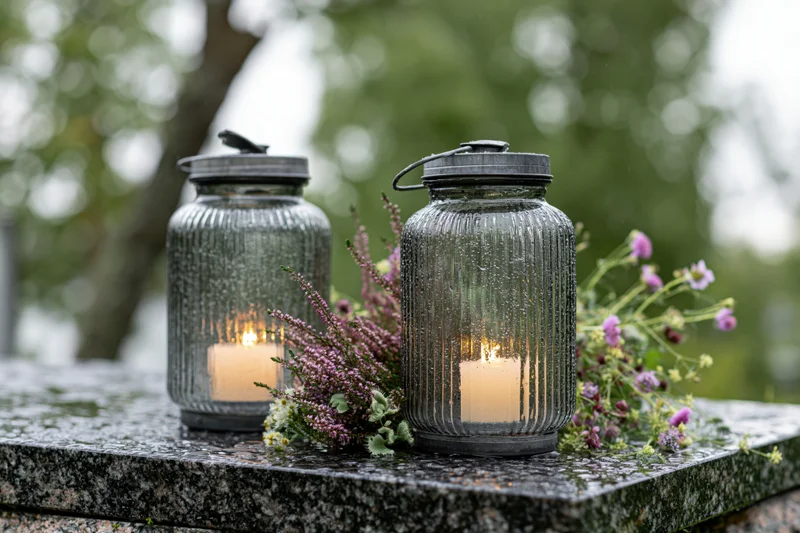 Two glass grave lanterns with lit candles on a wet granite stone surrounded by purple flowers in a cemetery setting