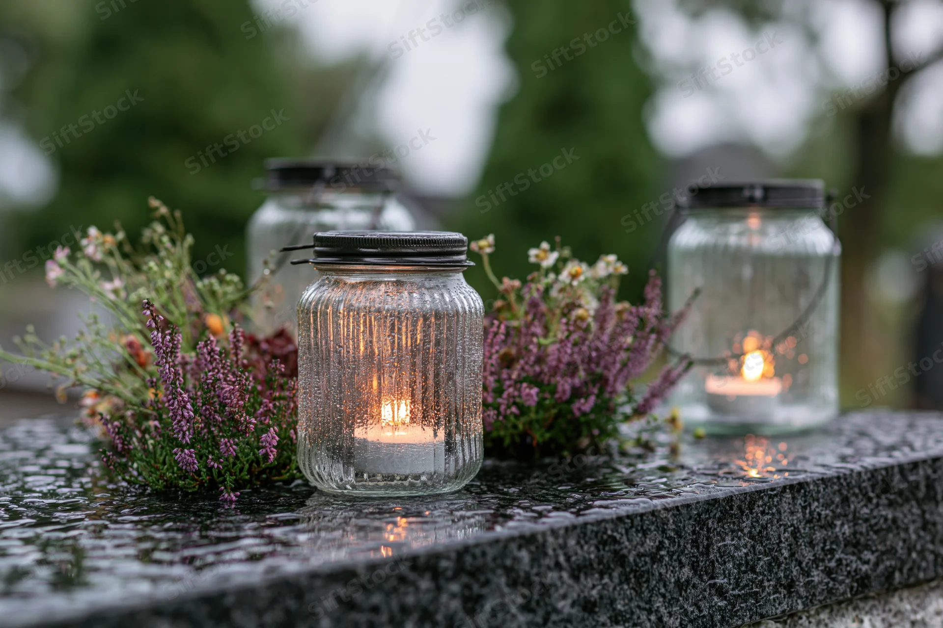 Glass lanterns with lit candles and purple flowers on a wet granite tombstone in a cemetery