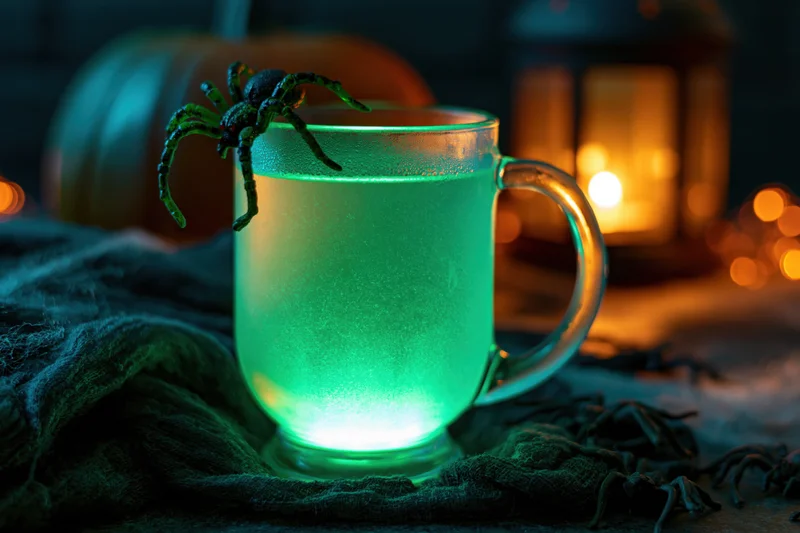 Glowing green drink in a glass mug with a plastic spider on the rim, set on a dark cloth with pumpkins and candles in the background
