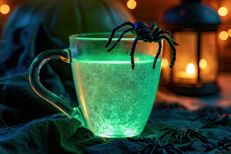 Glowing green liquid in a glass mug with a fake spider perched on the rim, set on a dark cloth with candles and Halloween decor in the background