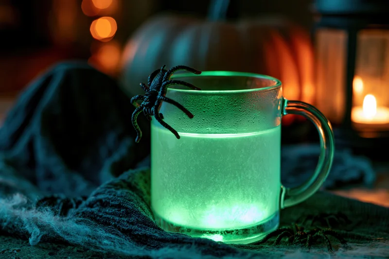 Glowing green drink in a glass mug with a fake spider on the rim, set on a dark fabric with Halloween decorations in the background