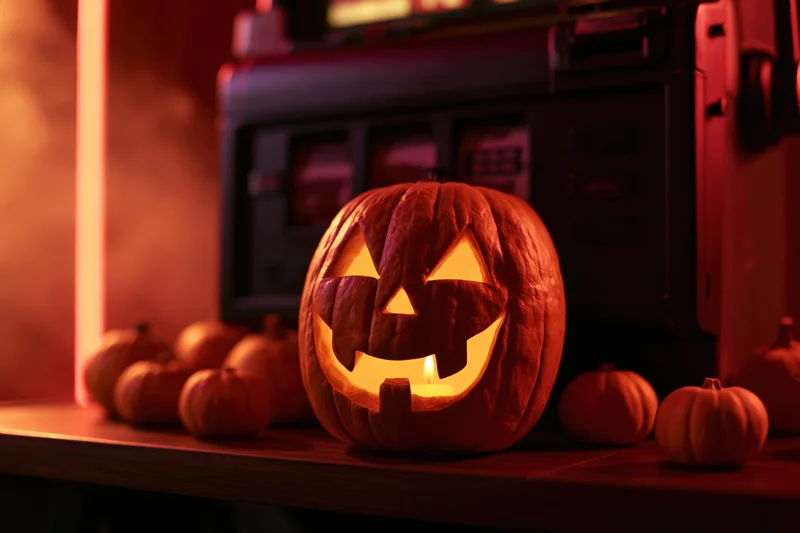 Glowing jack-o-lantern with carved face lit by candle on wooden table in front of dark casino slot machine