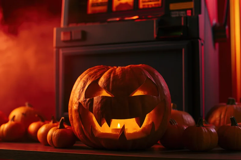 Glowing carved pumpkin with candlelight on a table in front of a dark casino slot machine