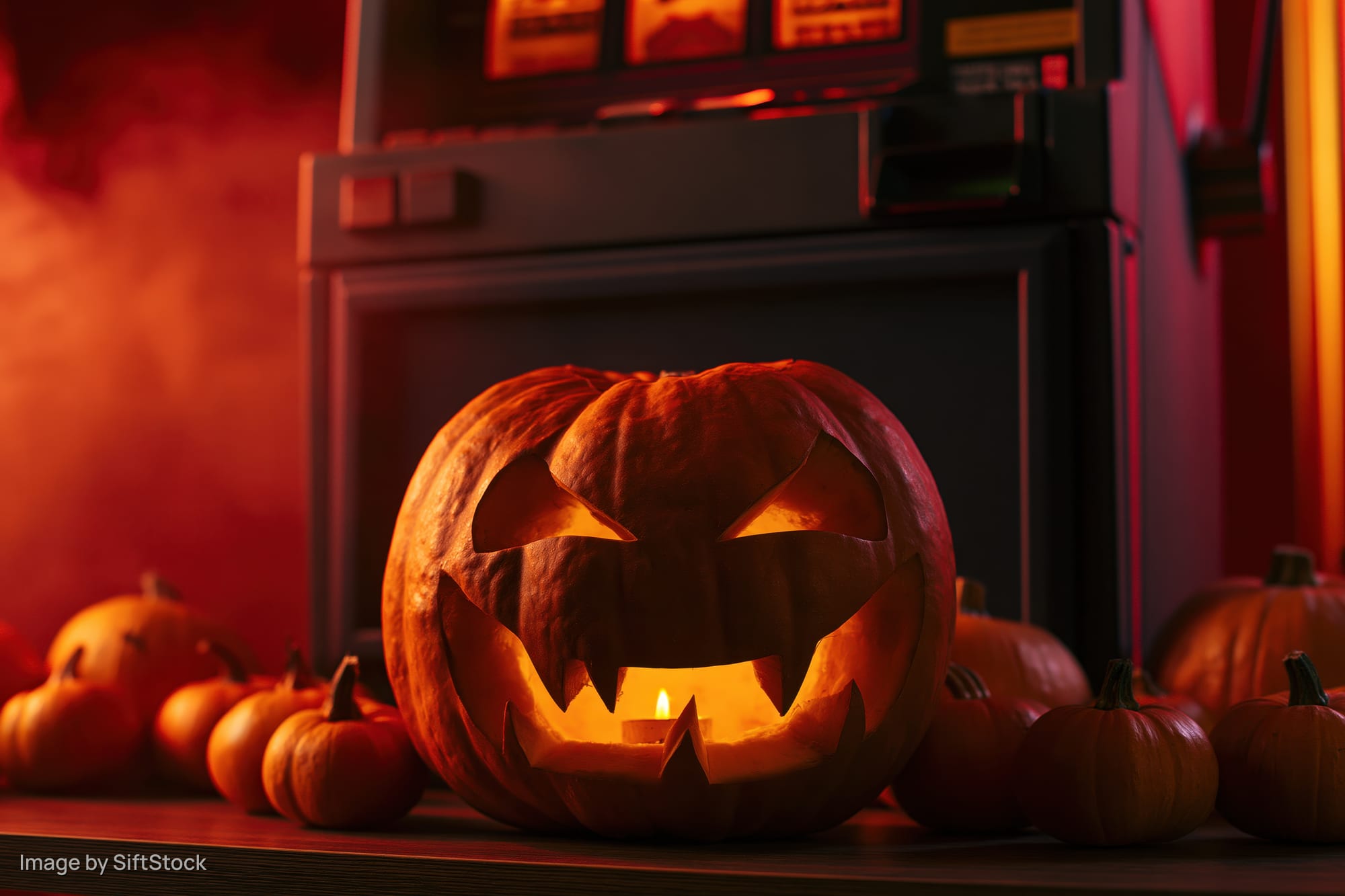 Glowing carved pumpkin with candlelight on a table in front of a dark casino slot machine