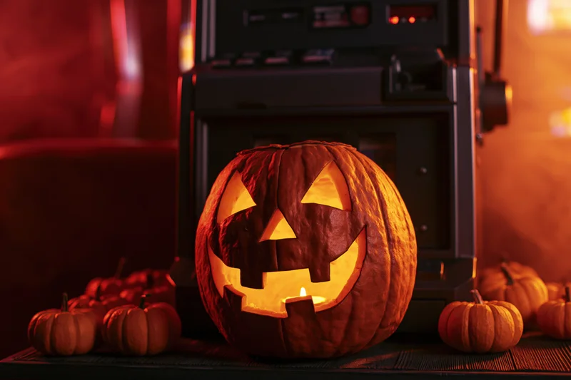 Glowing carved pumpkin with candlelight on table in front of slot machine at casino
