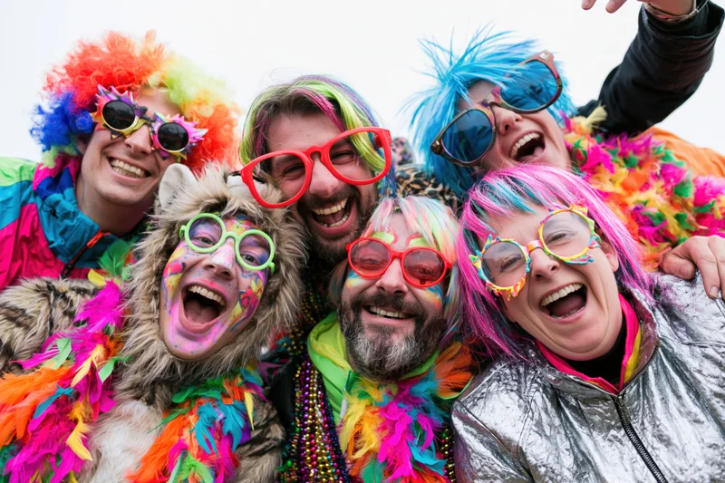 Six adults in colorful carnival costumes laughing together outdoors