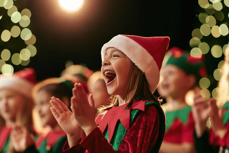Young girl in santa hat and elf costume clapping and singing during school christmas performance