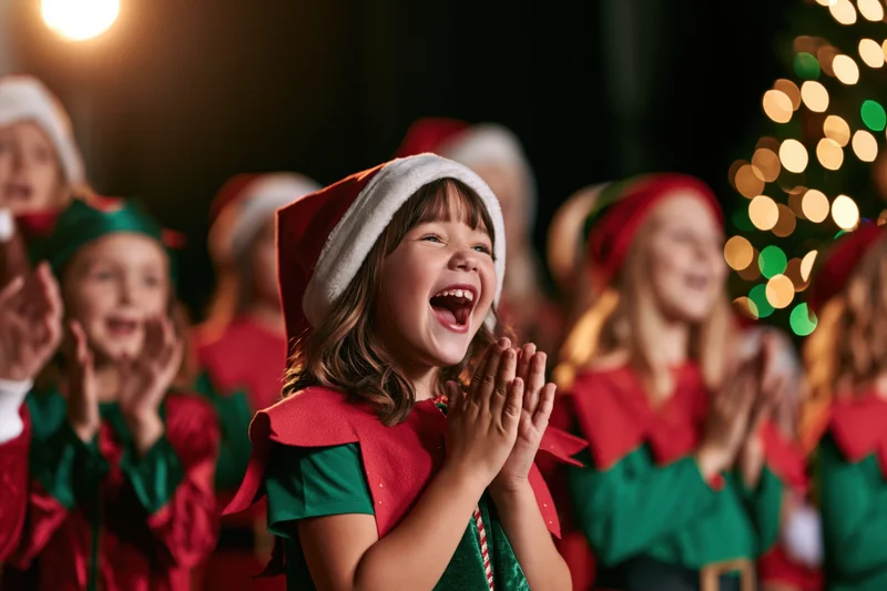 Young children in elf costumes clapping and singing on stage during a school christmas performance