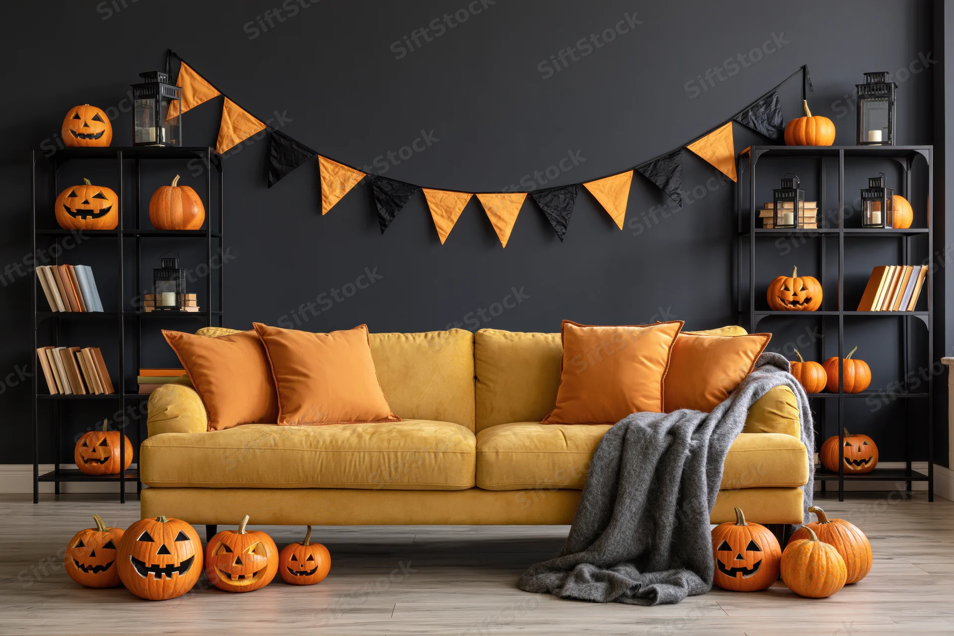 Mustard yellow sofa in a halloween-decorated living room with jack-o-lanterns and black-orange banner on dark walls