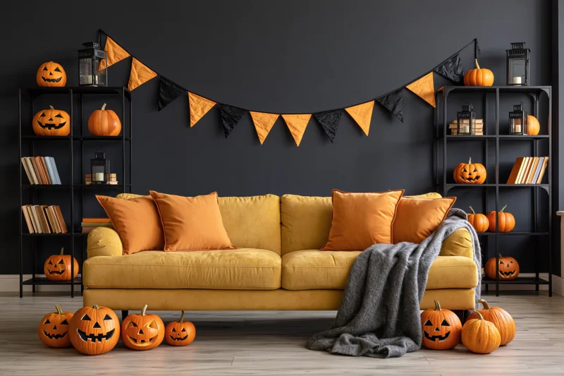Mustard yellow sofa in a halloween-decorated living room with jack-o-lanterns and black-orange banner on dark walls