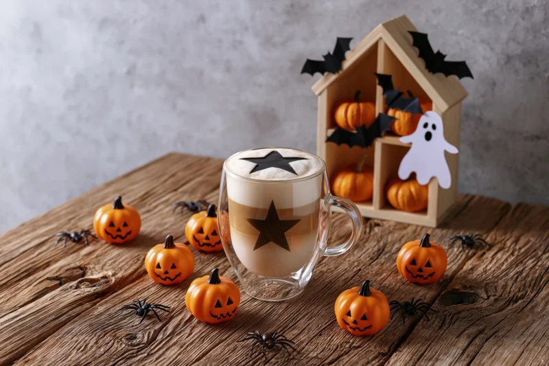 Halloween-themed coffee latte in a glass mug with star design on foam, surrounded by small pumpkins, spiders, ghost and bat decorations on a rustic wooden table