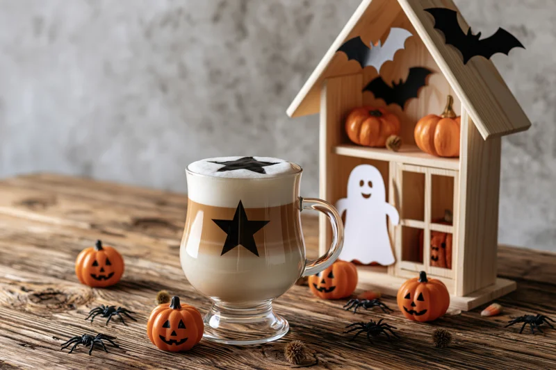 Halloween-themed latte in a glass mug with star foam design on rustic wooden table surrounded by pumpkins, spiders, and a decorated wooden house