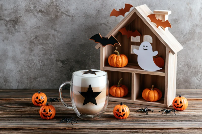 Halloween flat lay with coffee mug and decorations on rustic wooden table