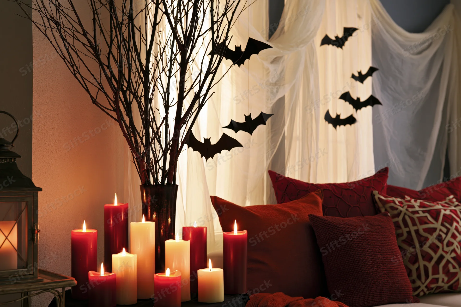 Halloween decorated corner with lit candles, bare branches in vase, and bat silhouettes on draped fabric behind red pillows