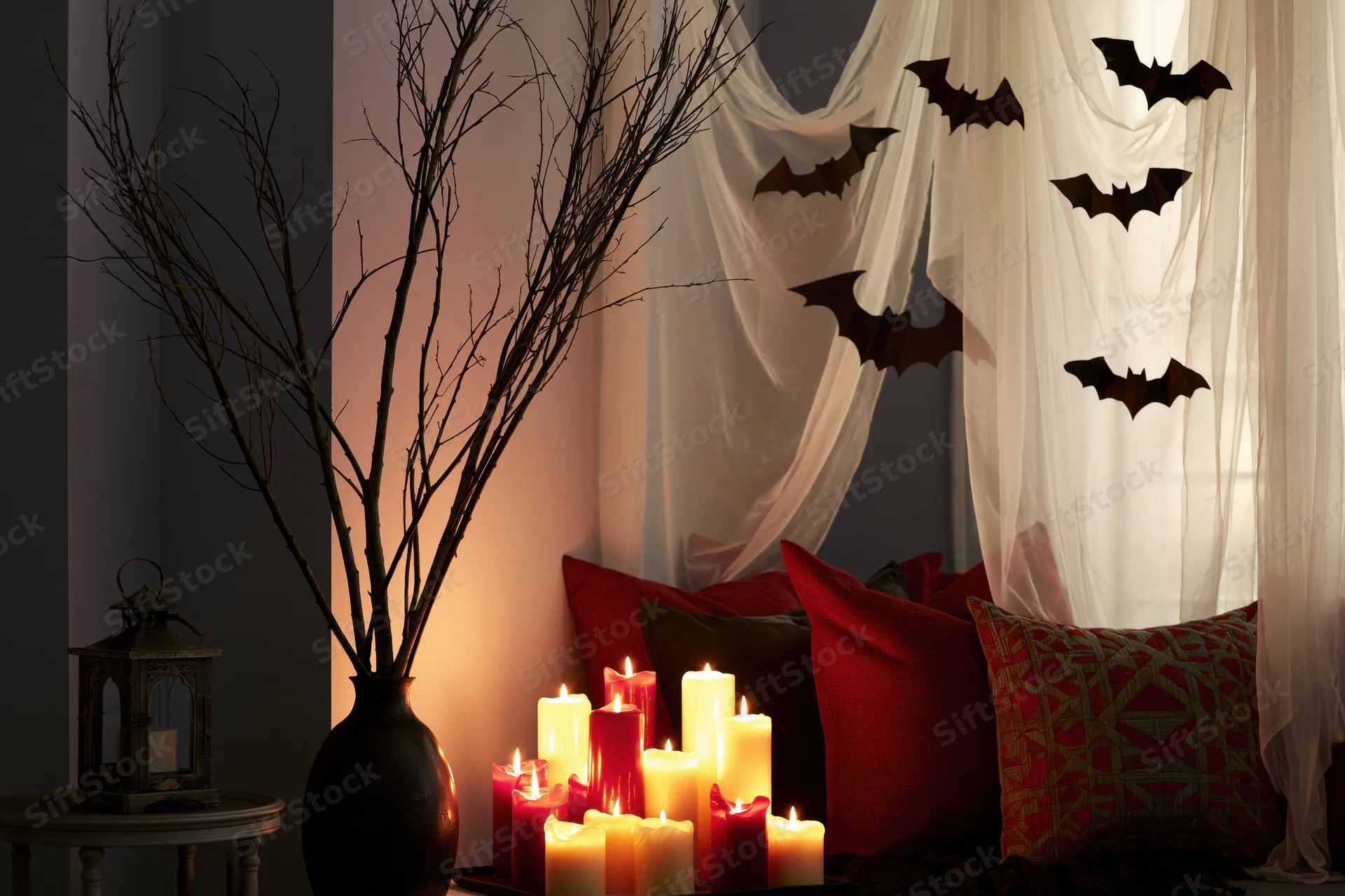Halloween decorated corner with lit candles, bare branches in vase, and bat silhouettes on sheer curtain