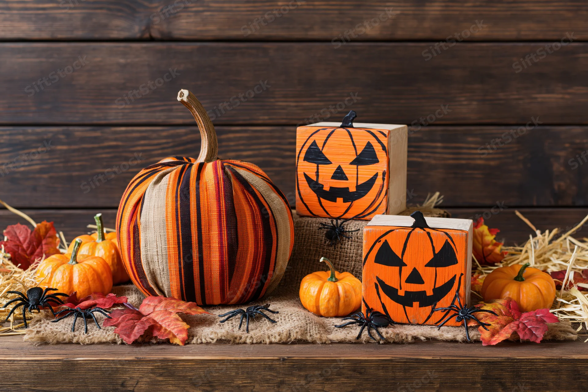 Halloween decorations including fabric pumpkins and wooden jack-o-lanterns arranged on a rustic wooden table with hay and autumn leaves
