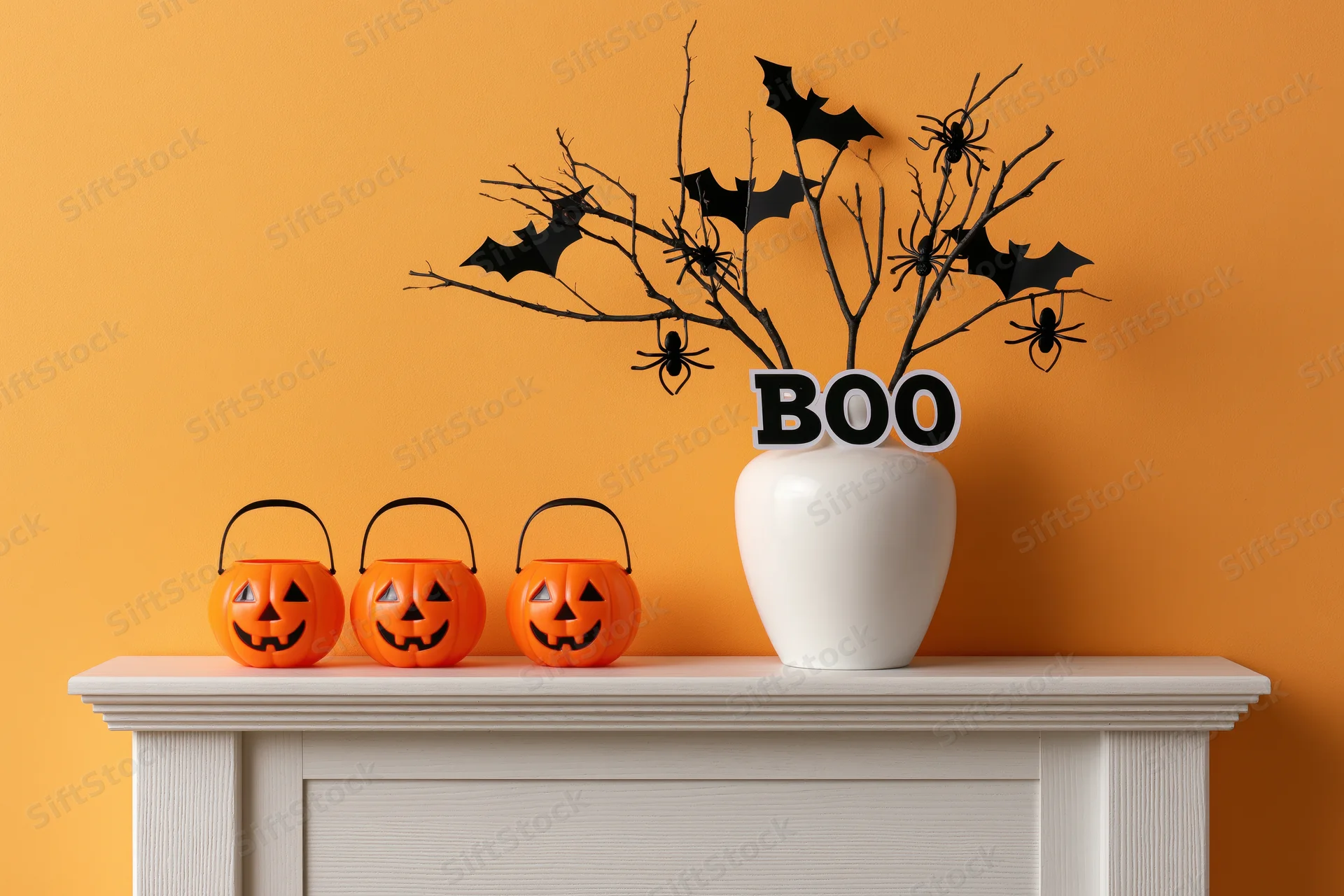Halloween decorations including pumpkins, bats, and spiders arranged on a white mantel against an orange wall