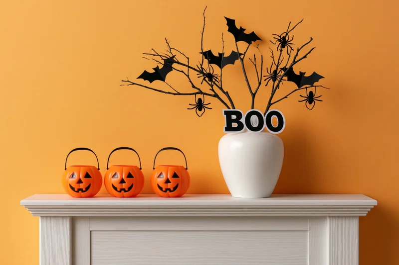 Halloween decorations including pumpkins, bats, and spiders arranged on a white mantel against an orange wall