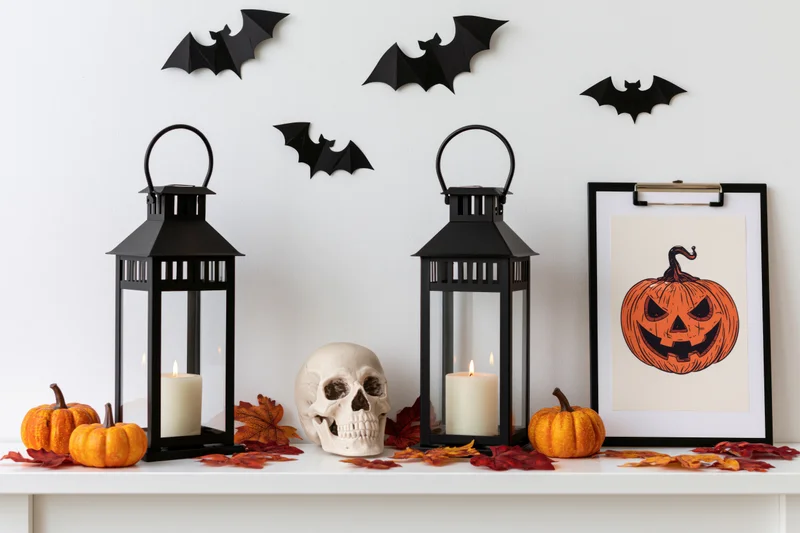 Halloween decorations arranged on a white shelf with lanterns, skull, pumpkins and bats