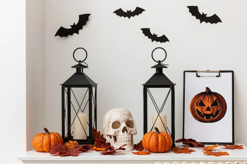 Halloween decorations including pumpkins, skull, lanterns and bats arranged on a white shelf with autumn leaves and a clipboard holding a jack-o-lantern print
