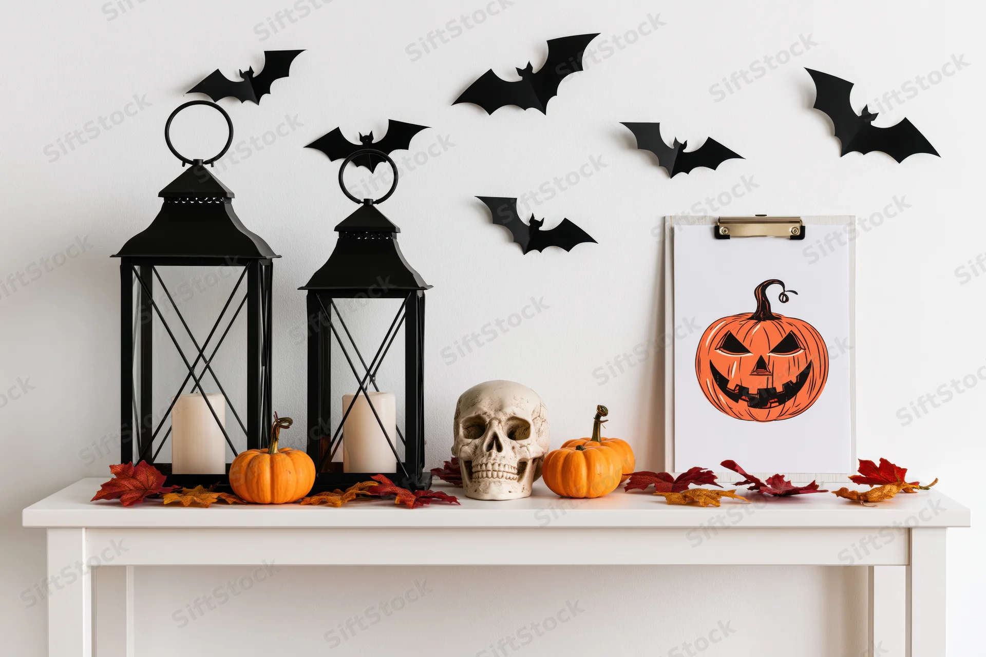 Halloween decorations arranged on a white shelf with pumpkins, skull, lanterns and bats