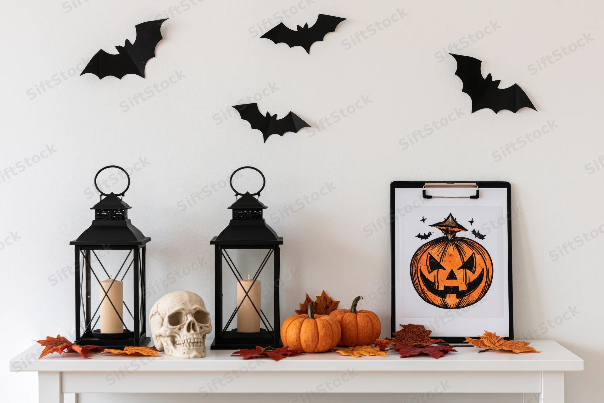 Halloween decorations arranged on a white shelf with pumpkins, skull, lanterns and bats above