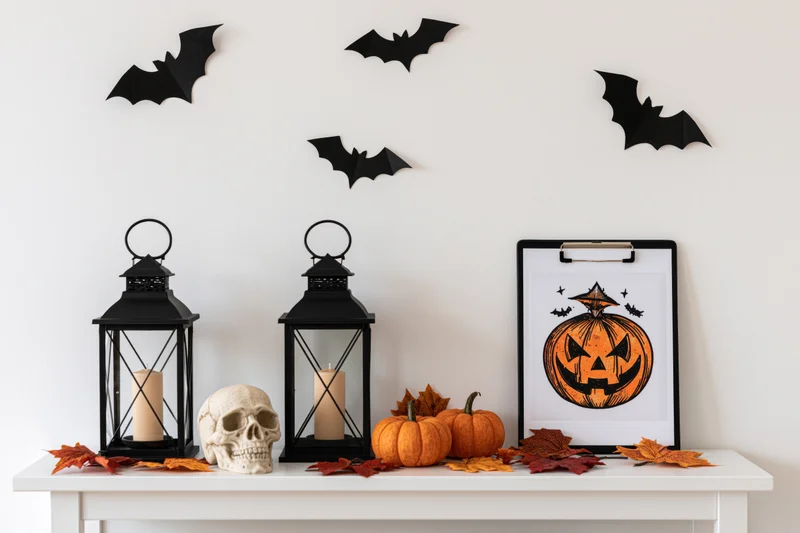 Halloween decorations arranged on a white shelf with pumpkins, skull, lanterns and bats above