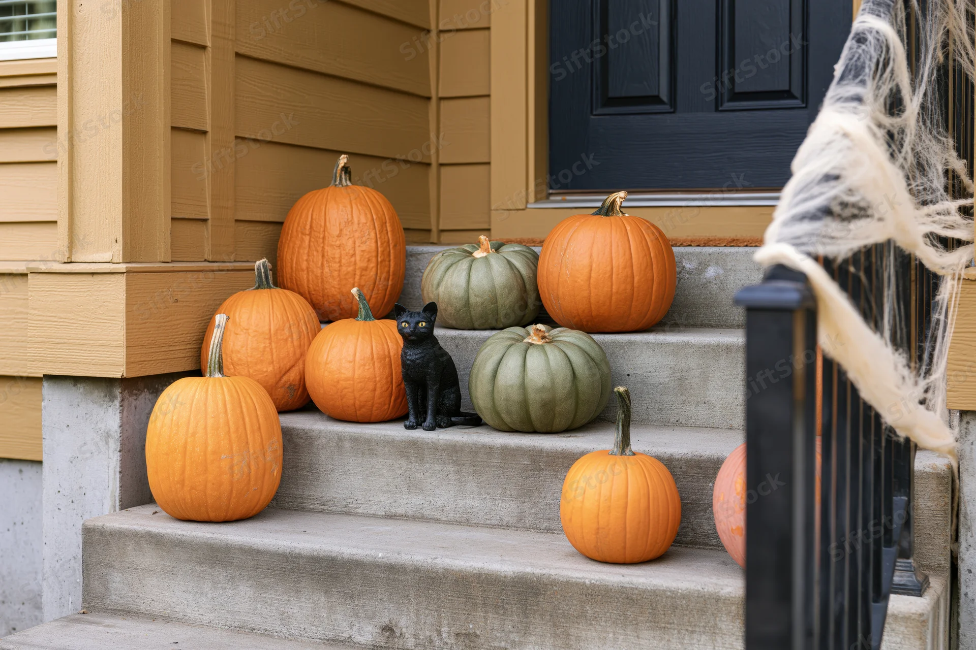 Uncarved pumpkins and a black cat decoration arranged on front porch steps for halloween