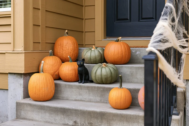 Uncarved pumpkins and a black cat decoration arranged on front porch steps for halloween