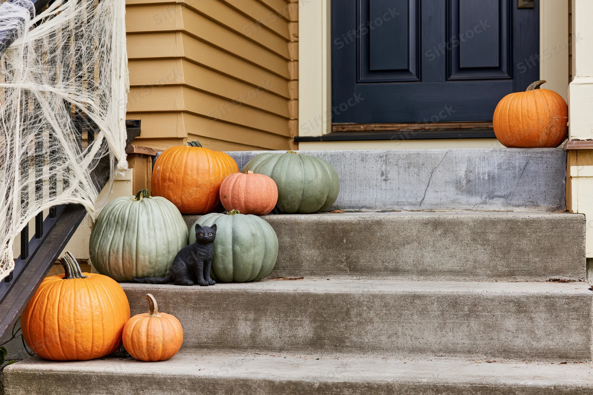 Halloween pumpkins and a black cat arranged on front porch steps with cobwebs and house siding visible