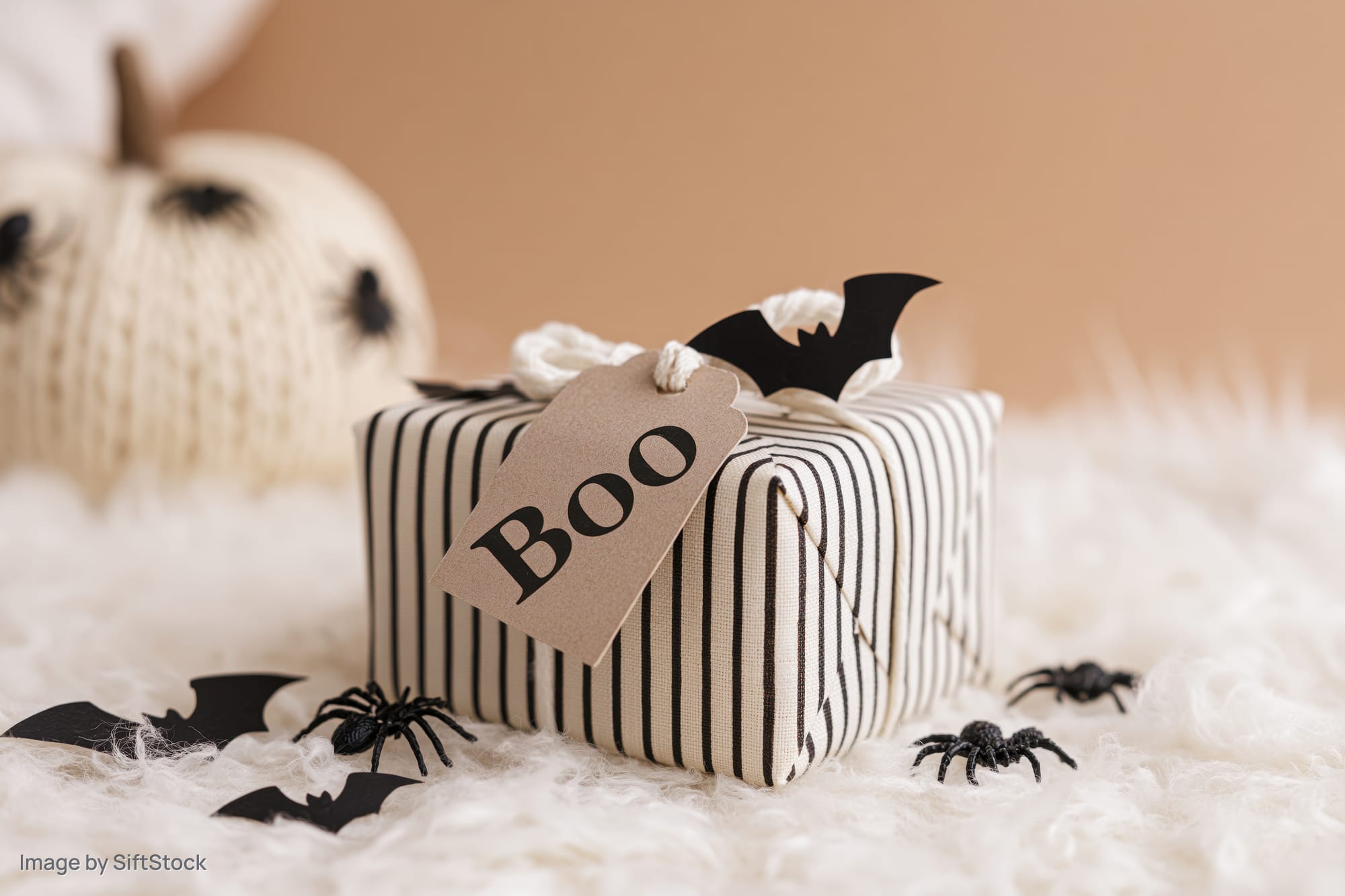 Halloween gift box wrapped in black and white striped paper with a kraft tag reading boo, surrounded by plastic spiders and bats on a fluffy white rug, with a knitted pumpkin in the background