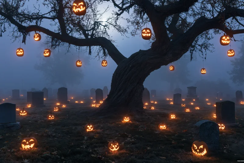 Carved jack-o-lanterns hanging from a gnarled tree and scattered across a foggy graveyard at night