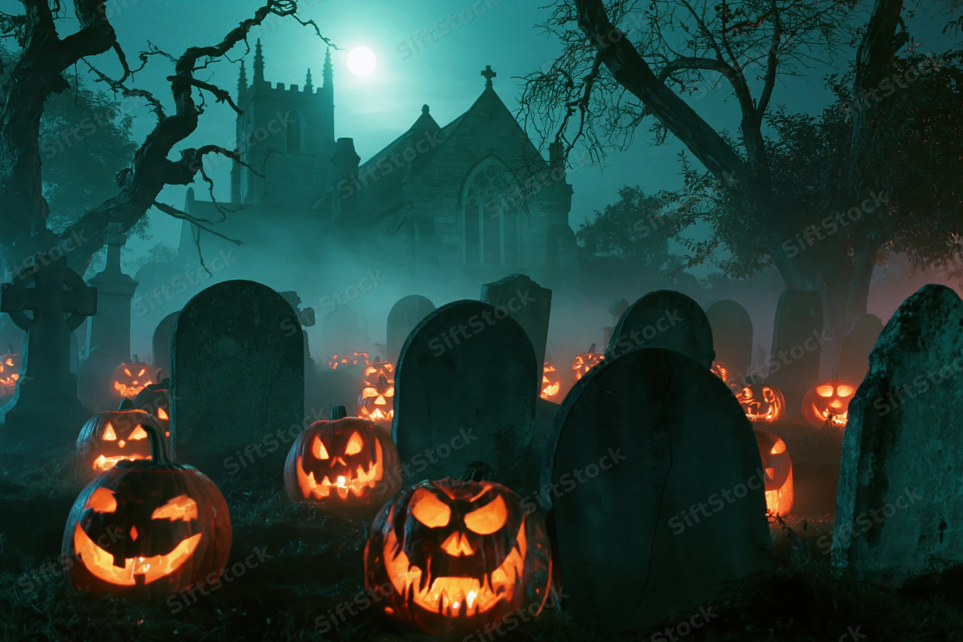 Carved jack-o-lanterns glowing among tombstones in a foggy graveyard at night with a church in the background