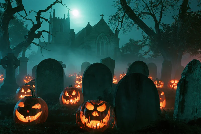 Carved jack-o-lanterns glowing among tombstones in a foggy graveyard at night with a church in the background