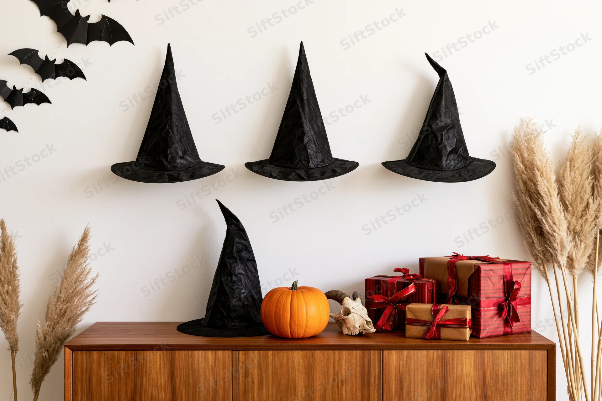 Witch hats and halloween decorations arranged on a wooden cabinet with gifts and pumpkins