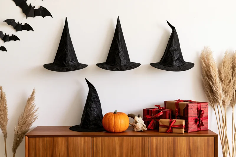 Witch hats and halloween decorations arranged on a wooden cabinet with gifts and pumpkins