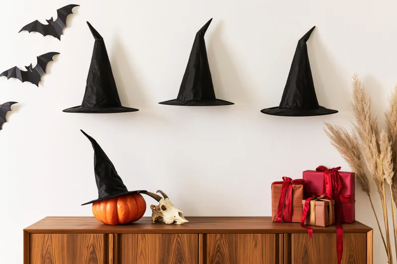 Witch hats and halloween decorations arranged on a wooden console against a white wall with gifts and pampas grass