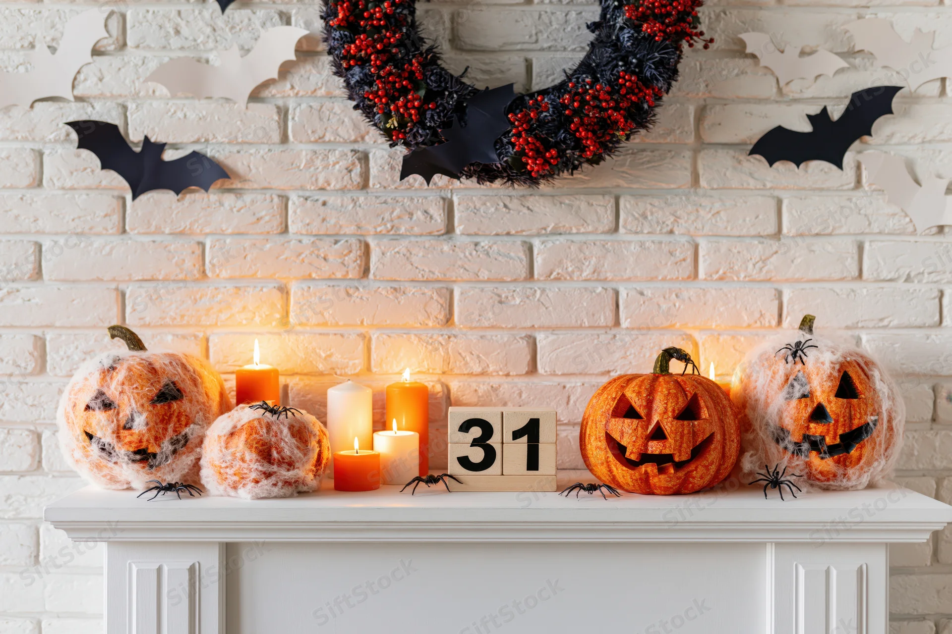 Halloween mantel decorated with carved pumpkins, candles, spiders, and bats against a white brick wall