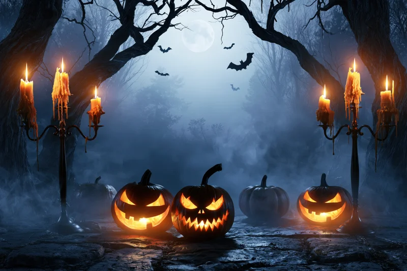 Carved jack-o-lanterns glowing on a stone path in a foggy forest at night with bats and full moon