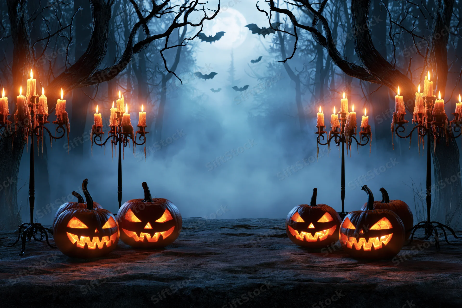 Carved jack-o-lanterns glowing on a foggy forest path at night with candles and bats under a full moon