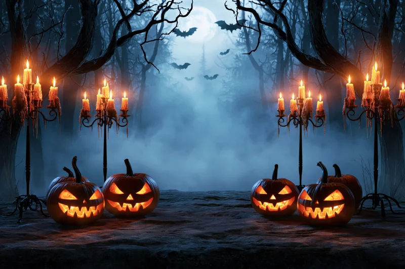 Carved jack-o-lanterns glowing on a foggy forest path at night with candles and bats under a full moon