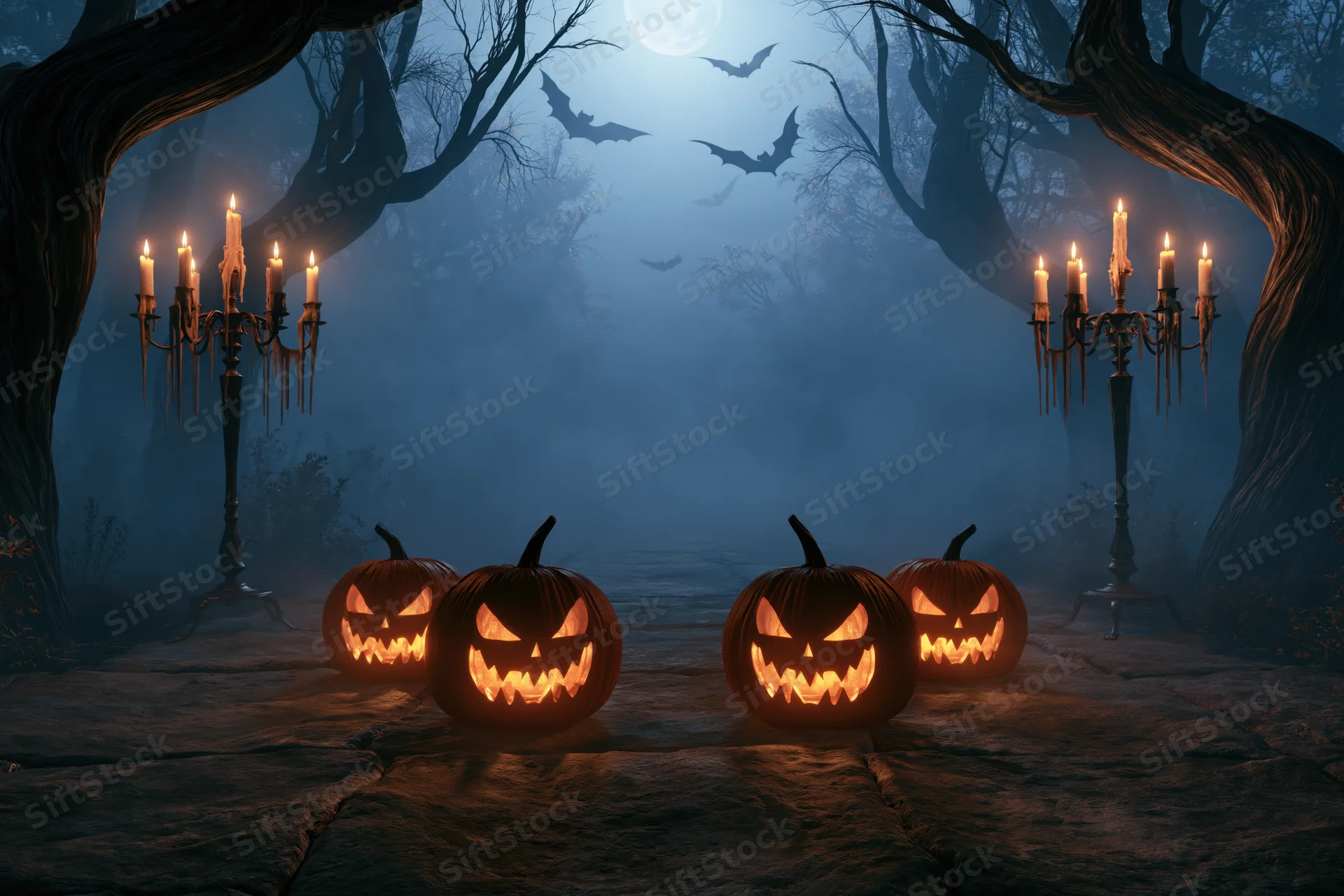 Carved jack-o-lanterns glowing on a stone path in a misty forest at night with candelabras and bats under a full moon