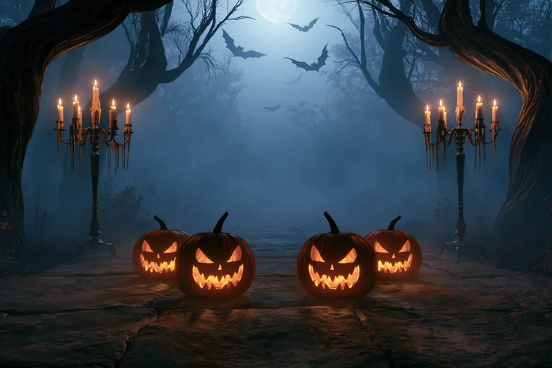 Carved jack-o-lanterns glowing on a stone path in a misty forest at night with candelabras and bats under a full moon